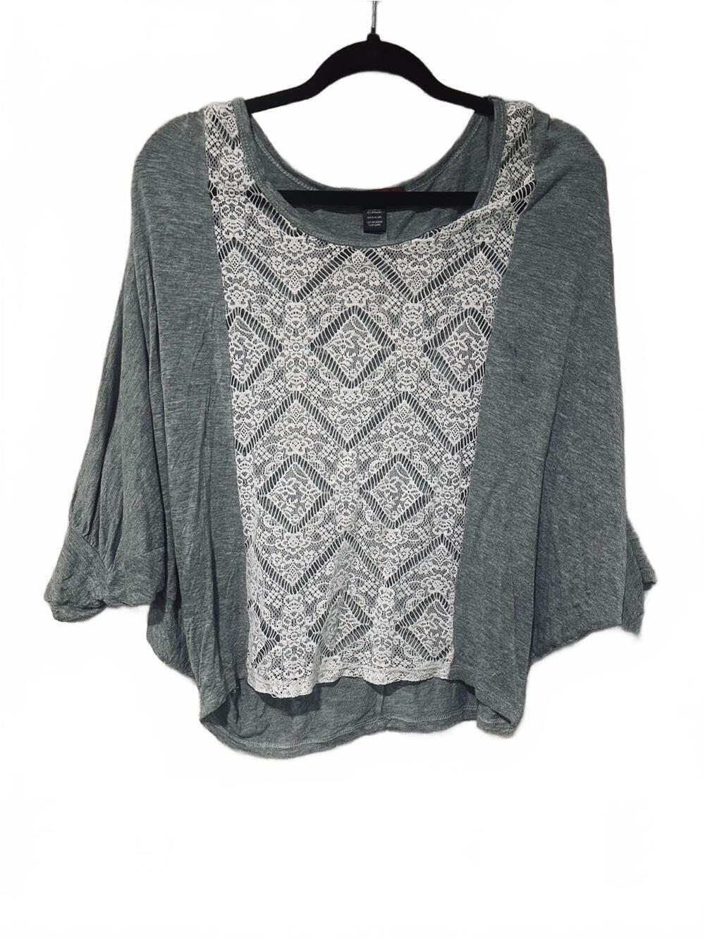 Y2K Buckle Heather Gray Long Sleeve Top with White Lace Front